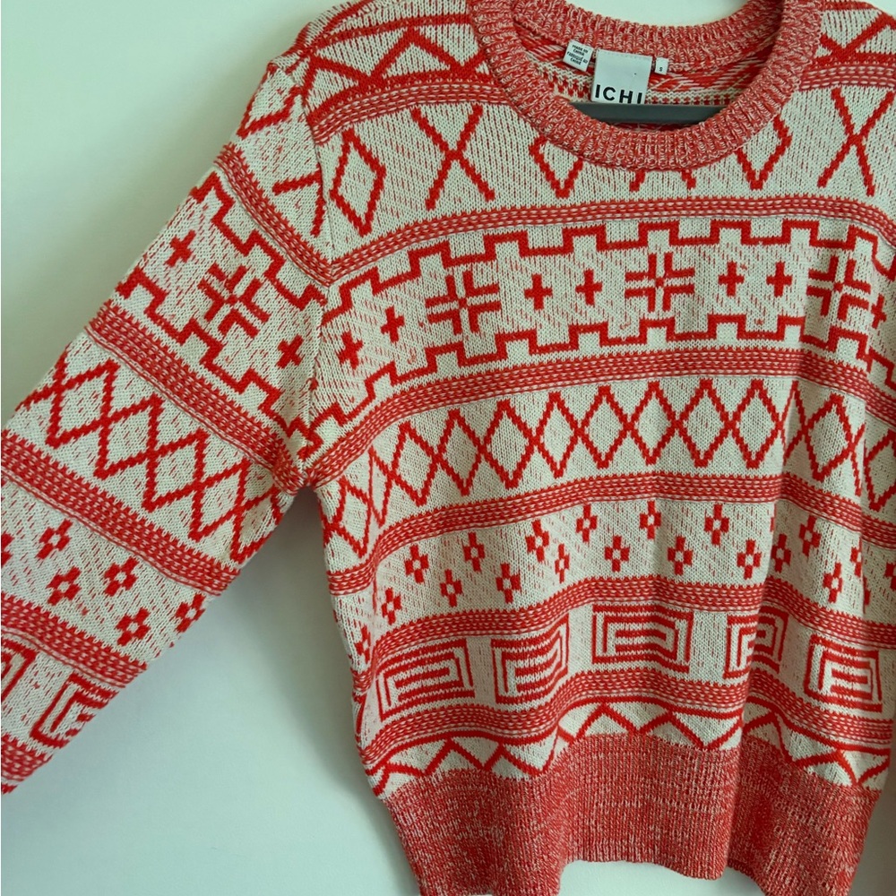 Ichi Cotton Blend Orange and White Patterned Sweater - Picture 2 of 6